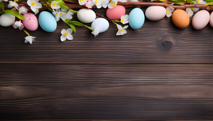 Obraz premium on a wooden table are white easter eggs with green daffodils ai generative