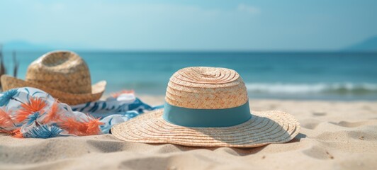 Fototapeta na wymiar Straw hat, sunglasses and seashell on the beach.