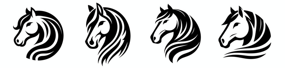 Four vectors of horses heads in black and white