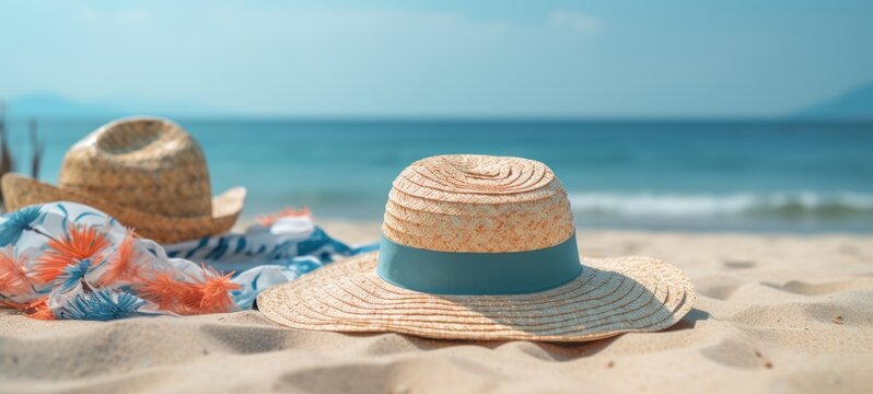 Straw hat, sunglasses and seashell on the beach.