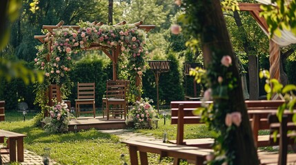 A beautiful romantic place for a wedding ceremony in a green park, a background for a solemn event. Created with Generative Ai technology.