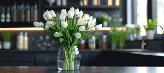 white bouquet of tulips in transparent vase on the black kitchen  - obrazy, fototapety, plakaty