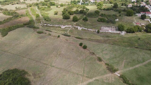 Aerial view of ruins of ancient Roman city Nicopolis ad Nestum near town of Garmen, Blagoevgrad Region, Bulgaria