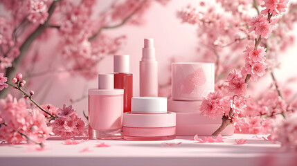Obraz na płótnie Canvas Cosmetics on the spring flowering background