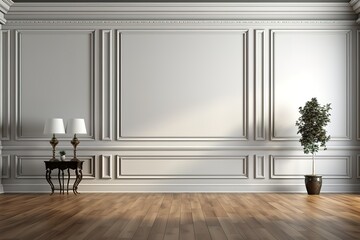 White wall panels in classical style with gilding and door. 3d rendering - obrazy, fototapety, plakaty