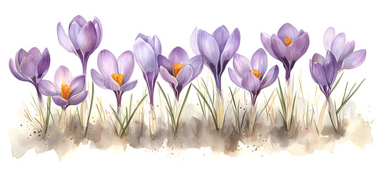 watercolour illustration of crocuses. Concept of spring 