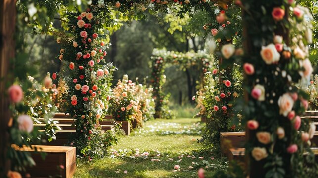 A beautiful romantic place for a wedding ceremony in a green park, a background for a solemn event. Created with Generative Ai technology.