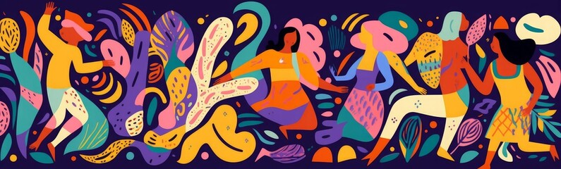 Colorful pattern with abstract stylish individual design elements. Dancing people. New Year celebration. Design for holidays Birthday, New Year, Brazil Carnival or, Generative AI 