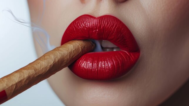 Closeup of a woman holding a cigar in her red lips. Smoking man