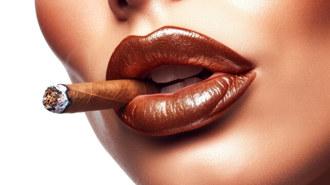 Closeup of a woman holding a cigar in her lips. Smoking man