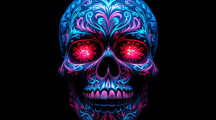 Pink blue neon skull on black background