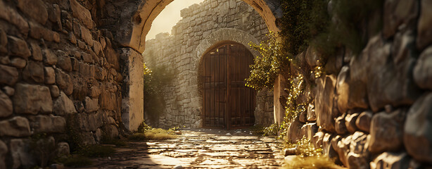 a stone gate in a medieval castle, in the style of realistic rendering, golden light, photo-realistic landscapes