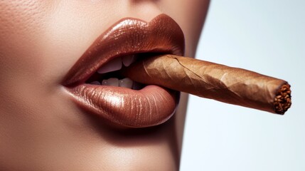 Closeup of a woman holding a cigar in her lips. Smoking man