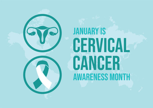 January is Cervical Cancer Awareness Month poster vector illustration. Cervical cancer teal and white awareness ribbon and uterus icon set vector. Template for background, banner, card. Important day