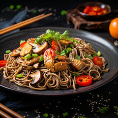 Plate of asian buckwheat soba noodles