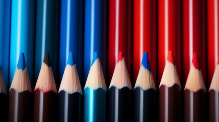 Vibrant Contrast of Colored Pencils: A Creative Workspace for Office or School with Artistic Tools and Stationery Collection on Isolated Background - Back to School Concept with Red and Blue Elements.