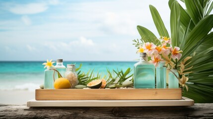 A marine composition of bottles, flowers, fruits on a wooden podium against a background of blue sea and tropical plants. Summer, beach, sun concepts.