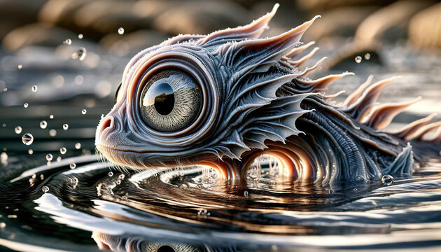 The submitted image shows a fictitious alien creature with bulging eyes and detailed fins floating on the surface of the water. Alien species concept. AI generated.