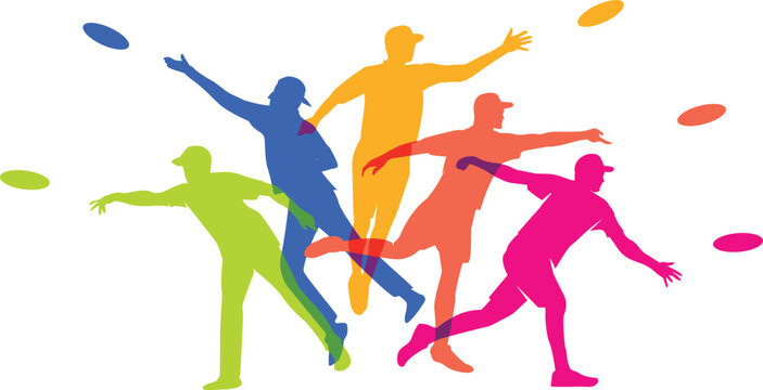 Colorful vector editable discgolf or frisbee player poses for any graphic background	