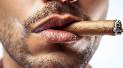 Closeup of a man holding a cigar in his lips. Smoking man