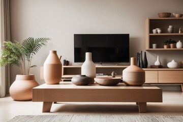 Obraz premium Scandinavian interior home design of modern living room with clay vase on wooden table with tv on beige wall