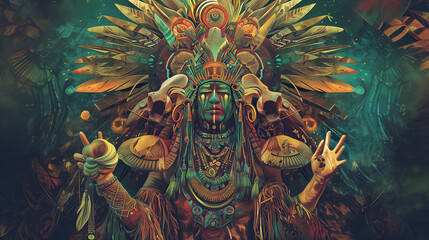 Ancient Visions: A Shamanic Presence, Wearing Symbols like a Cosmic Tapestry, Leads the Tribe into a Psychedelic Journey with the Sacred Mushroom