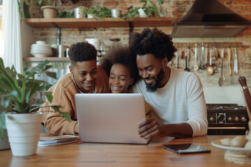 happy, love, family, focused person, portrait, people sit, living room, father, smile, together, child, laptop, computer, positive, woman, succeed, proud, purchase, parents, having fun, happy family, 