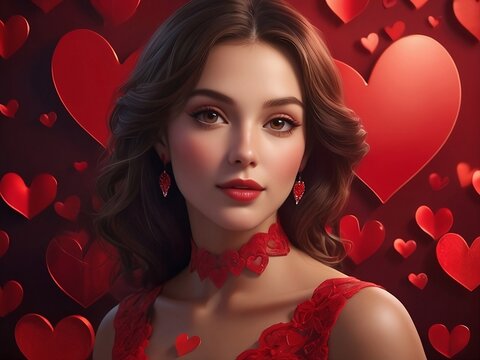 Beauty of love with a woman  visually descriptive and detailed rendering of a portrait against a backdrop of red hearts, enhanced by a subtle back light for a touch of romance.