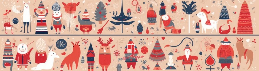 Christmas decorative banner with Christmas deer funny Santa Claus, nutcracker, gift boxes and many others. Big Christmas collection in Scandinavian, Generative AI 