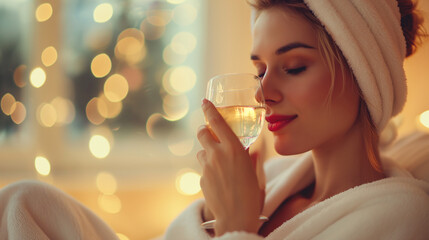 lady, wine, robe, woman, glass, hotel, indoor, luxury, relax, rest, room, salon, spa, stylish, alcohol, care, female, home, white, bathrobe, drink, beauty, lifestyle, leisure, adult, bright