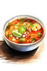 Asian soup with seafood. Tom Yam soup with shrimp in bowl. Watercolor style