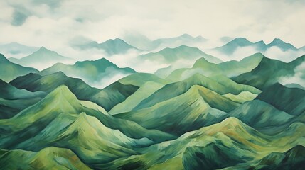 Abstract expanse of mountains with organic green grass. Beautiful panorama in hand drawn style for wallpaper concept. Generative AI - obrazy, fototapety, plakaty