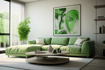 Sofa set and decor modern minimal living room interior design light green colors