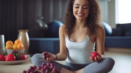 Happy beautiful young woman having good healthy snack after workout, sitting on yoga mat on floor with fit ball and dumbbells,