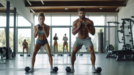 Happy athletic couple exercising with hand weights in lunge position in gym.