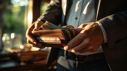 Businessman counting money in a wallet. close-up of hands