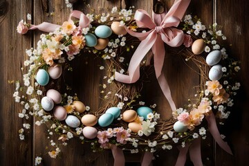 A close-up of a handcrafted Easter wreath with pastel-colored ribbons and delicate flowers, hanging on a rustic wooden door. The details capture the essence of the festive season.