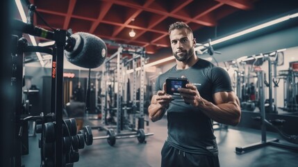 Gym, social media and fitness influencer with phone live streaming workout for interactive multimedia broadcast. Vlog, man filming arm exercise and training coach video recording online blog. - obrazy, fototapety, plakaty