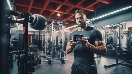 Muurstickers Gym, social media and fitness influencer with phone live streaming workout for interactive multimedia broadcast. Vlog, man filming arm exercise and training coach video recording online blog. © MUCHIB