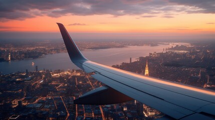 View from the window of an airplane flying over the city at sunset