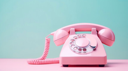 Vintage classic rotary dial pink phone. Pastel colour palette. Retro concept. Generative AI