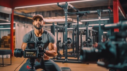 Gym, social media and fitness influencer with phone live streaming workout for interactive multimedia broadcast. Vlog, man filming arm exercise and training coach video recording online blog.