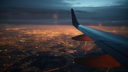 View from the window of an airplane flying over the city at sunset