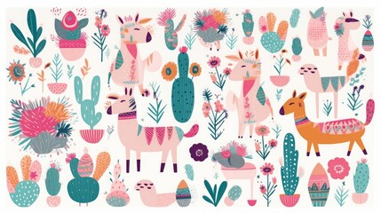 Big  collection with cute Llama, cacti and flowers, Generative AI 