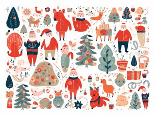 Big Christmas decorative set with funny Santa Claus, nutcracker, gift boxes and many others. Big Christmas collection in Scandinavian style with traditional Christmas and New Year, Generative AI 