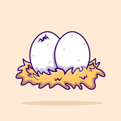 Vector illustration of two chicken eggs in hay designed in flat cartoon style. Egg icon. Egg element.