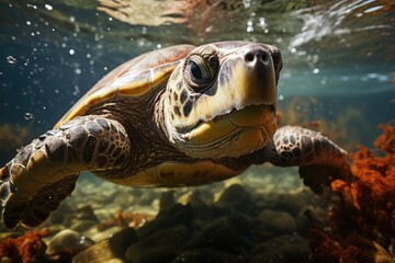 Close-up large sea turtle on the seabed