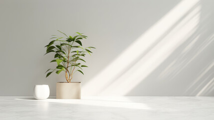 A minimalistic delicate light background for product presentation with light and shadow from the window and a potted houseplant near a white wall with a Copy space.