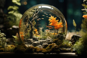 Miniature round aquarium with small fish
