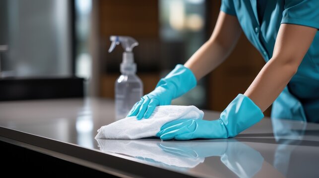 Close-up shot capturing female hands wearing blue gloves as they clean the kitchen countertop.